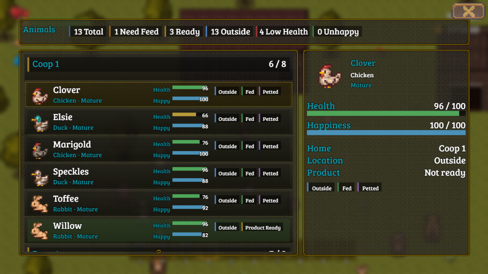 Animal management screen screenshot.